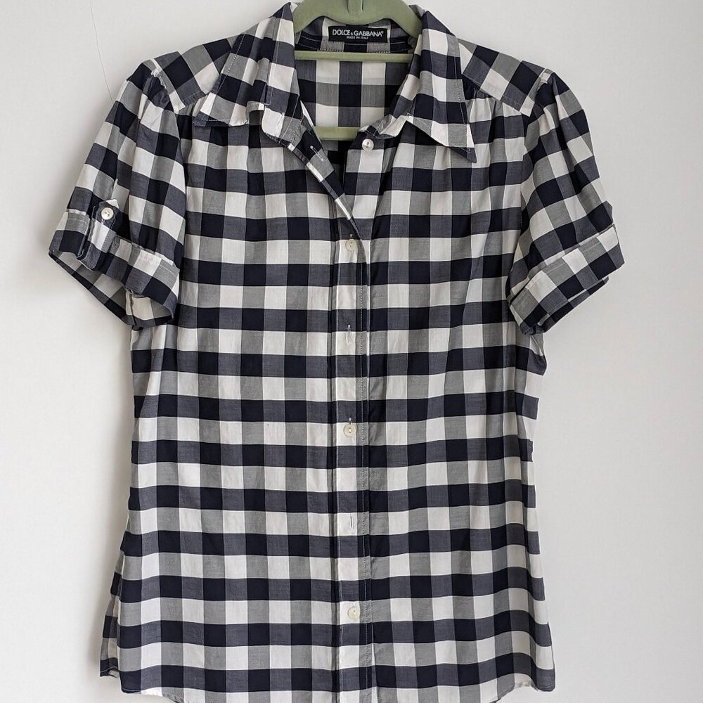 Classic Dolce and Gabbana Blue and White Checkered Short Sleeved Women's Blouse